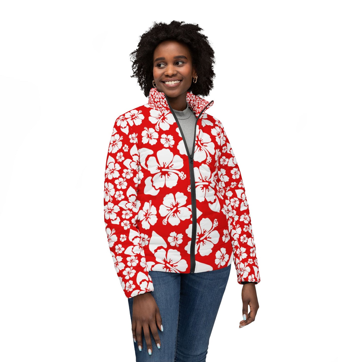 Red Hibiscus Floral Women’s Puffer Jacket