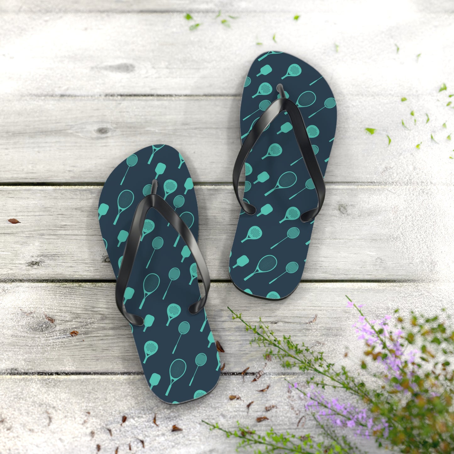 Flip Flops- Pickleball paddles - Navy blue background - turquoise design paddles