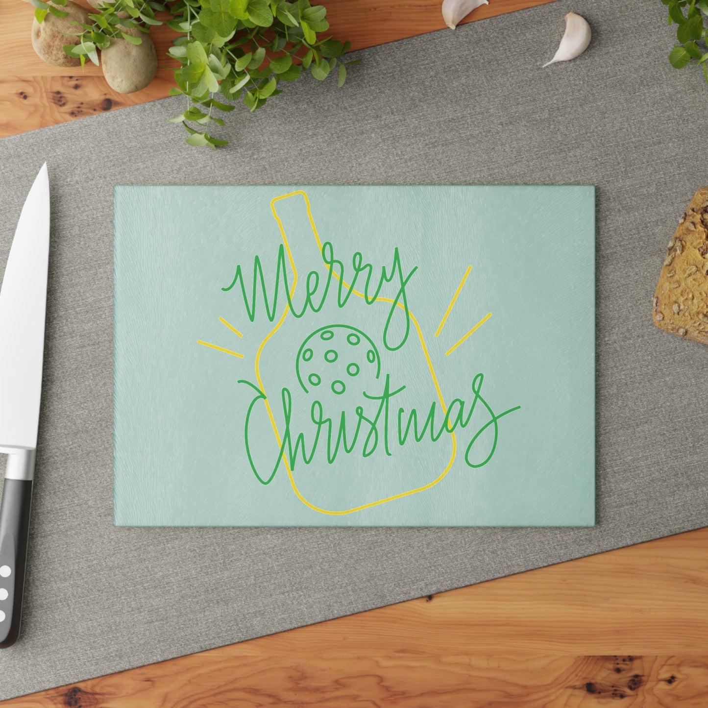 Glass Cutting Board- Merry Christmas Pickleball Design