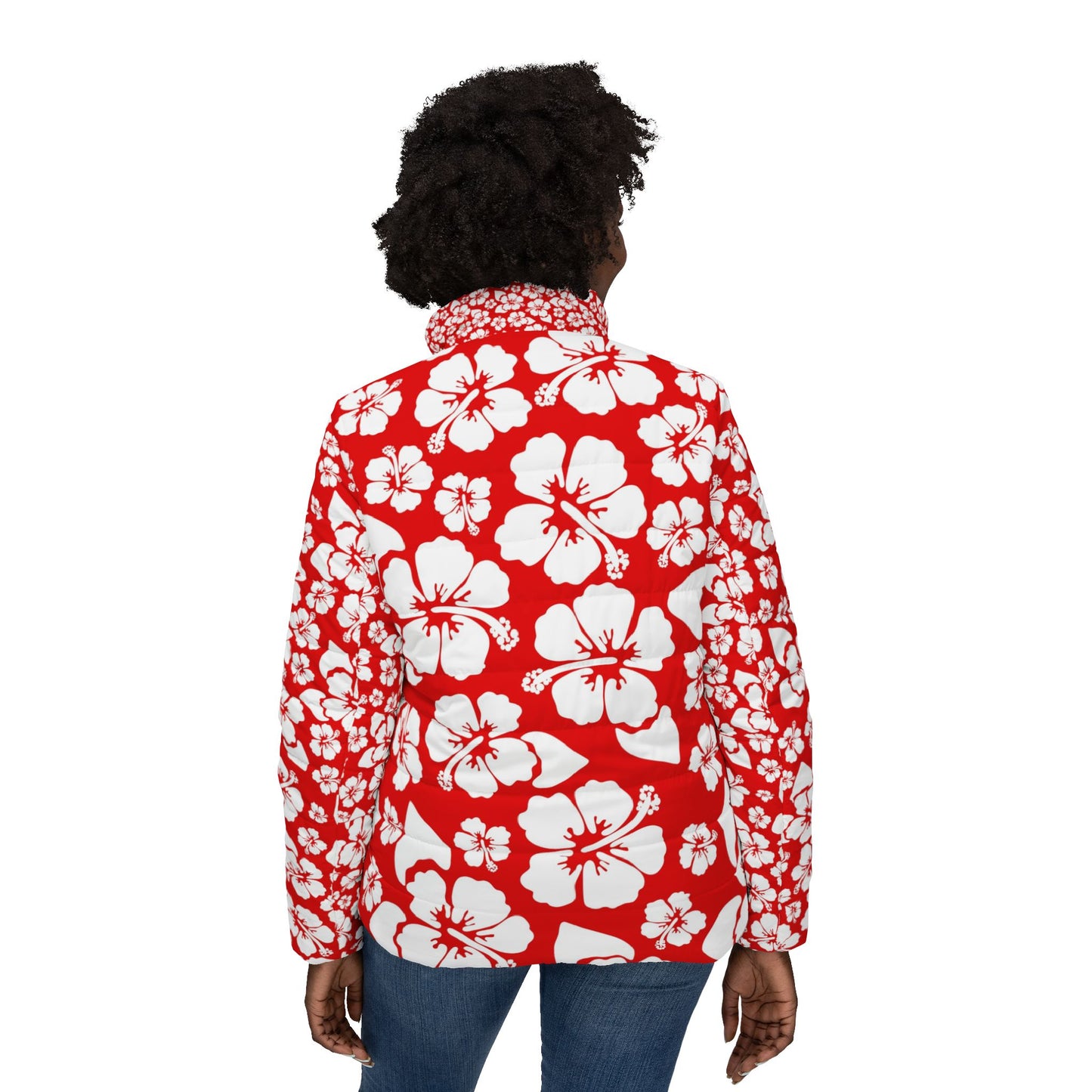 Red Hibiscus Floral Women’s Puffer Jacket