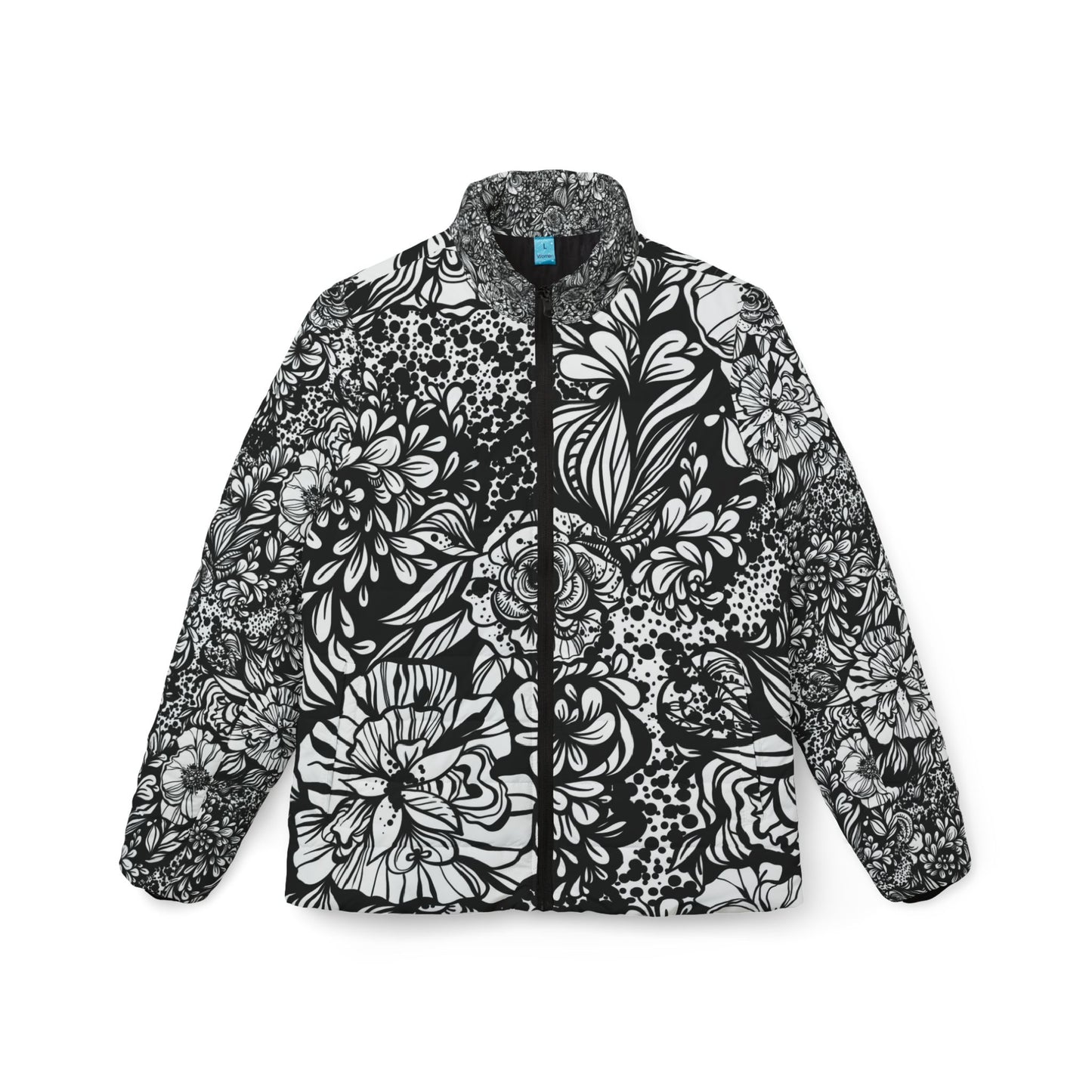 Black And White Floral Print Women's Puffer Jacket, Fall Fashion, Winter Coat, Stylish Outerwear, Gift for Her, Holiday Season