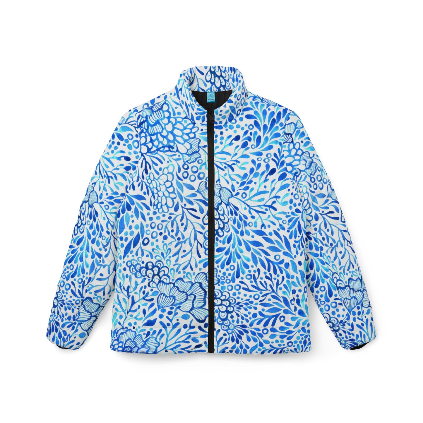 Watercolor Marine Motif Womens Puffer Jacket, Coral Algae Plants, Ocean Pattern Coat, Sea Life Outerwear, Nautical Winter Fashion