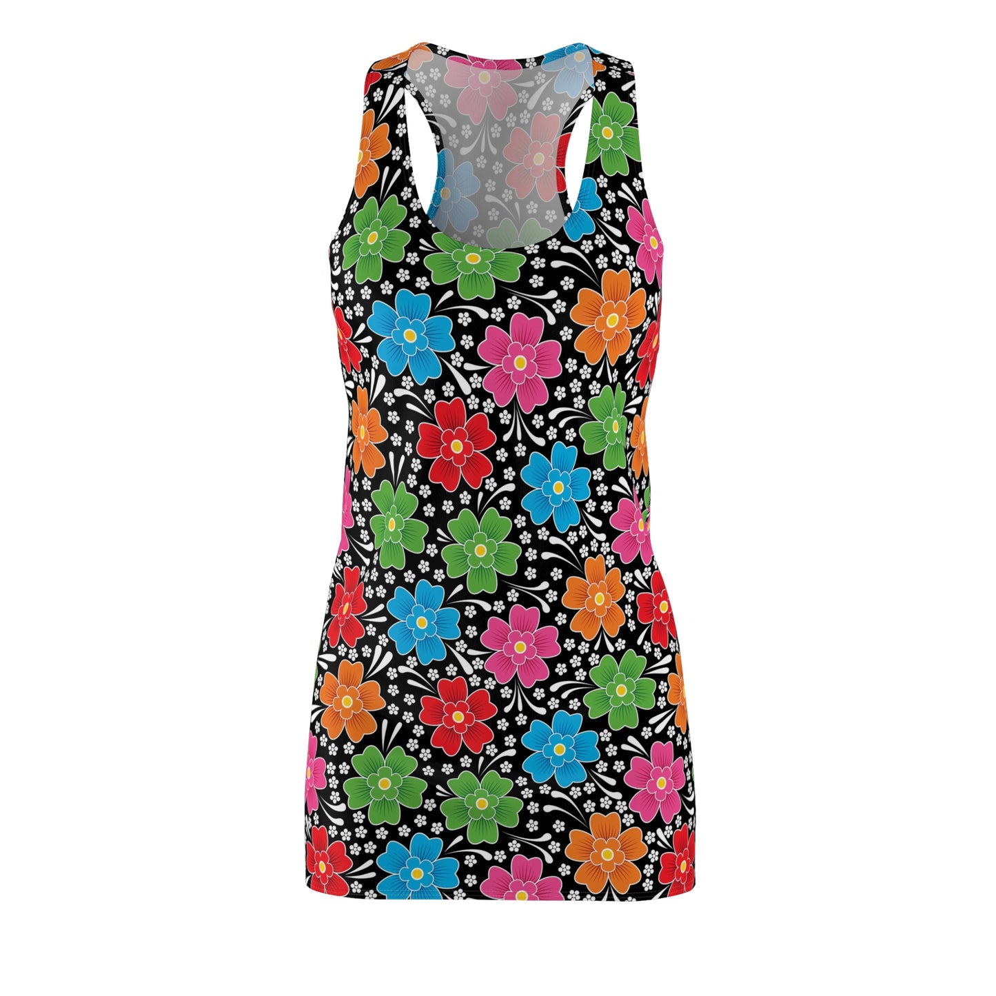 Women's Cut & Sew Racerback Dress- Floral Multicolored -Black Polka Dot