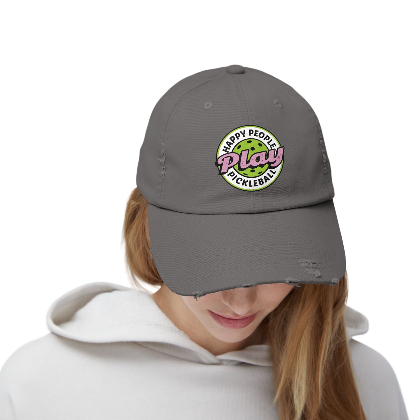 Unisex Distressed Cap -Happy People Play Pickleball