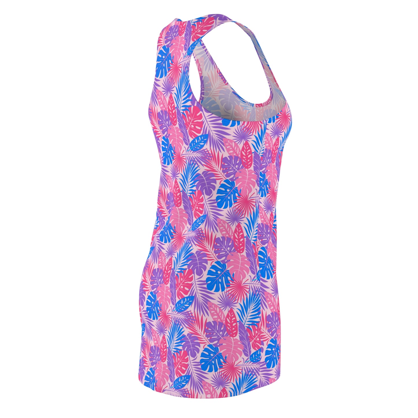 Women's Cut & Sew Racerback Dress - Hot Pink & Light Blue Tropical Leaf Design