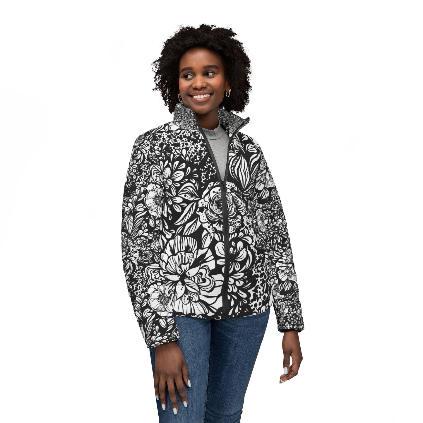 Black And White Floral Print Women's Puffer Jacket, Fall Fashion, Winter Coat, Stylish Outerwear, Gift for Her, Holiday Season