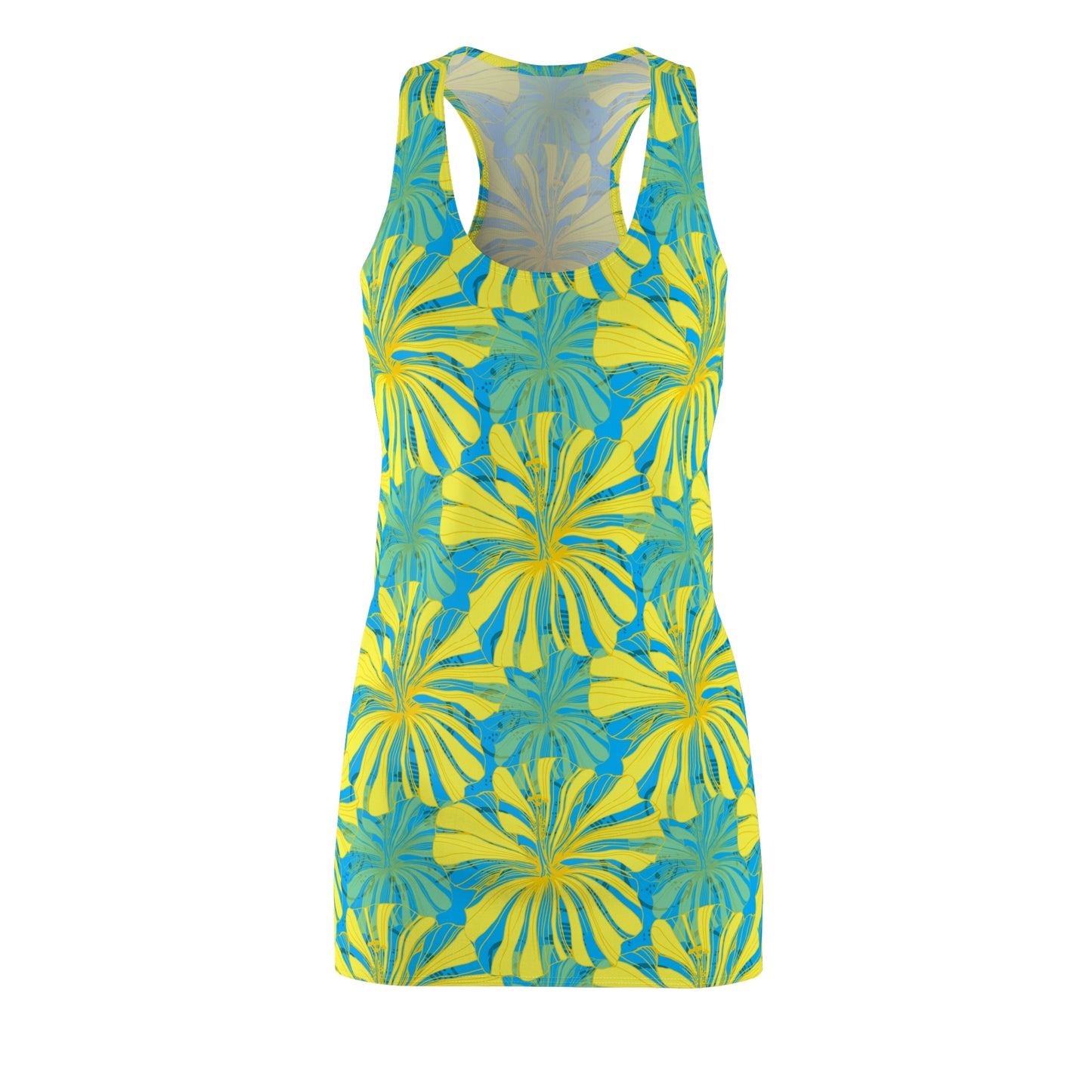 Women's Cut & Sew Racerback Dress- Floral Tropical Yellow And Blue