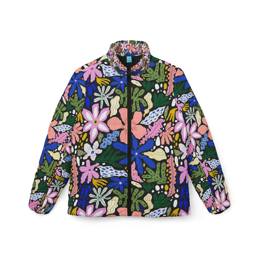 Colorful Floral Women's Puffer Jacket, Abstract Design Puffy Coat, Fashionable Winter Outerwear, Stylish Lightweight Jacket, Trendy Floral