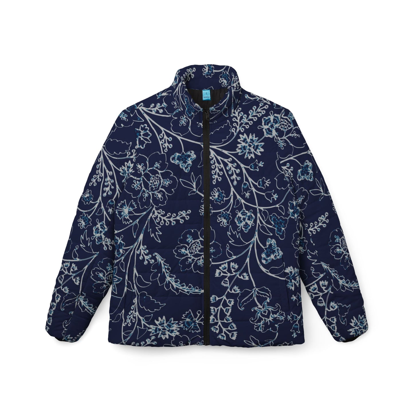 Navy Blue Floral Women's Puffer Jacket, Winter Coat with Flower Print, Stylish Outerwear for Her, Warm Puffy Coat, Fashionable Winter