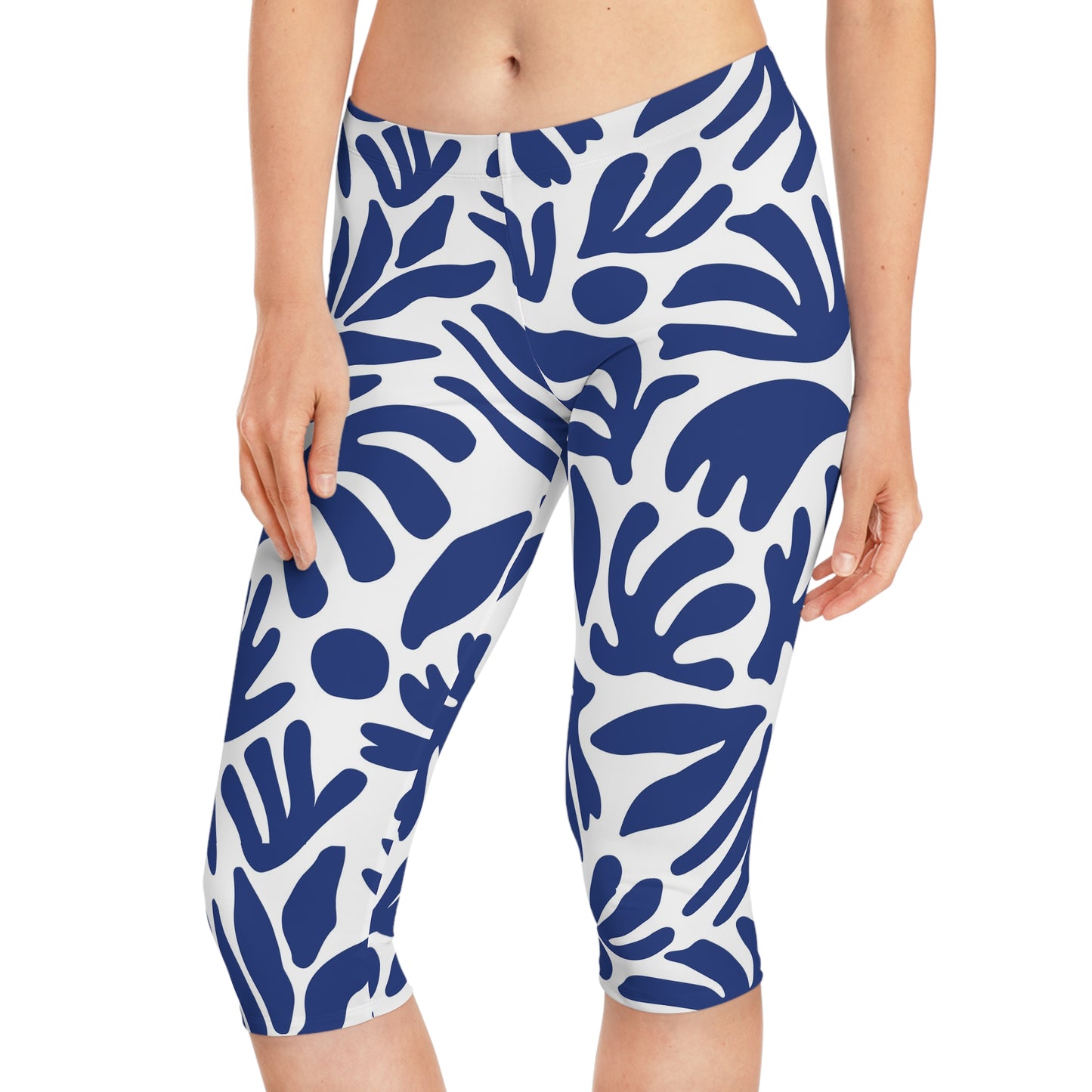 Blue & White Abstract Women's Capri Leggings, Workout Yoga Pants, Stretchy Athletic Activewear, Summer Fashion Leggings, Running Tights