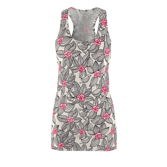 Women's Cut & Sew Racerback Dress- Tropic Black With Pink Floral Design