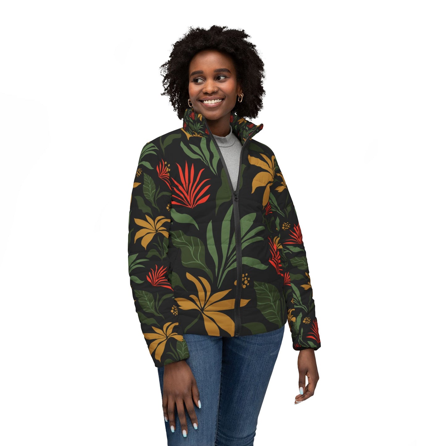 Black Tropical Puffer Jacket for Women - Elegant Design