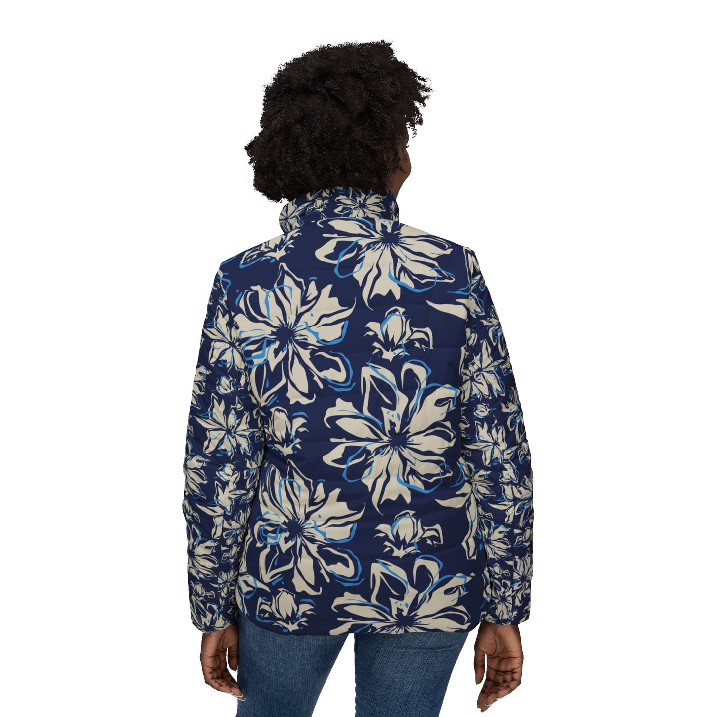 Blue Orchid Women's Puffer Jacket, Floral Winter Coat, Lightweight Warm Outerwear, Stylish Quilted Parka, Fashionable Snow Jacket