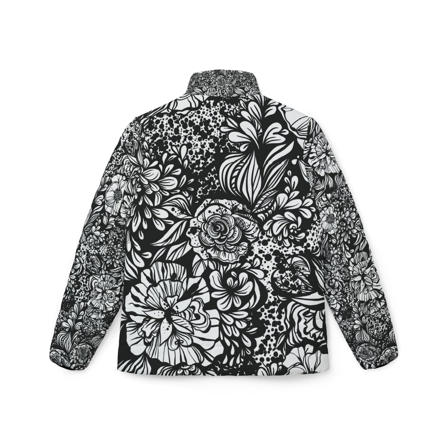 Black And White Floral Print Women's Puffer Jacket, Fall Fashion, Winter Coat, Stylish Outerwear, Gift for Her, Holiday Season