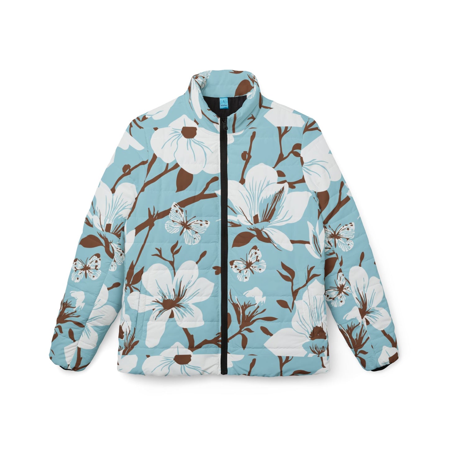 Floral Women's Puffer Jacket, Tropical Flowers and Butterfly Pattern, Lightweight Winter Coat, Spring Outerwear, Floral Print Jacket