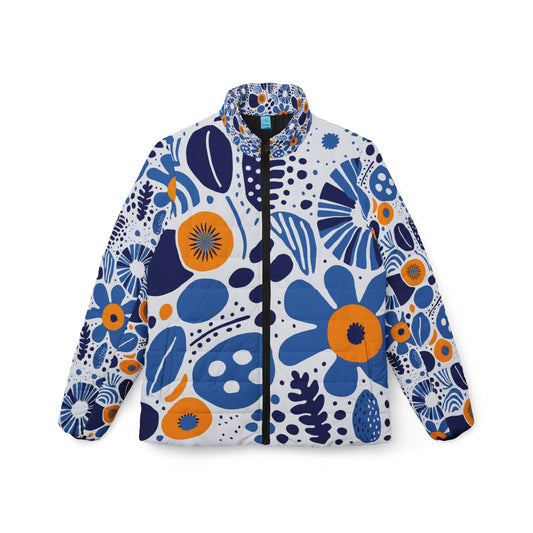 Floral Puffer Jacket, Blue Yellow Women's Outerwear, Winter Fashion Coat, Lightweight Cozy Parka, Stylish Quilted Jacket