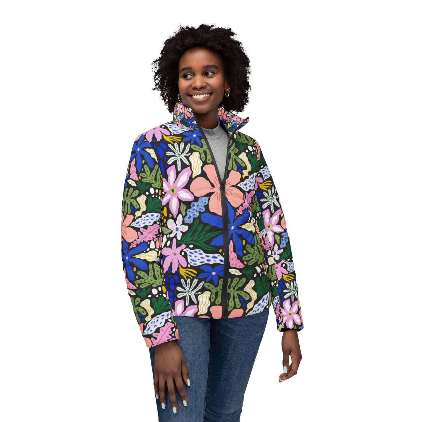 Colorful Floral Women's Puffer Jacket, Abstract Design Puffy Coat, Fashionable Winter Outerwear, Stylish Lightweight Jacket, Trendy Floral