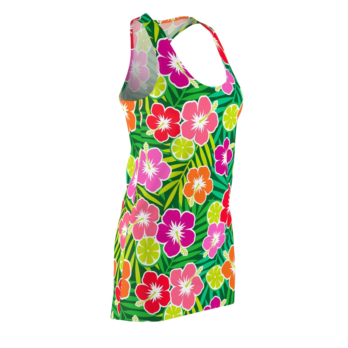 Athletic Dress - Colorful Hibiscus Flowers, Limes, Palm Leaves Pattern, Women's Summer Racerback Dress, Tropical Floral Sleeveless Dress,