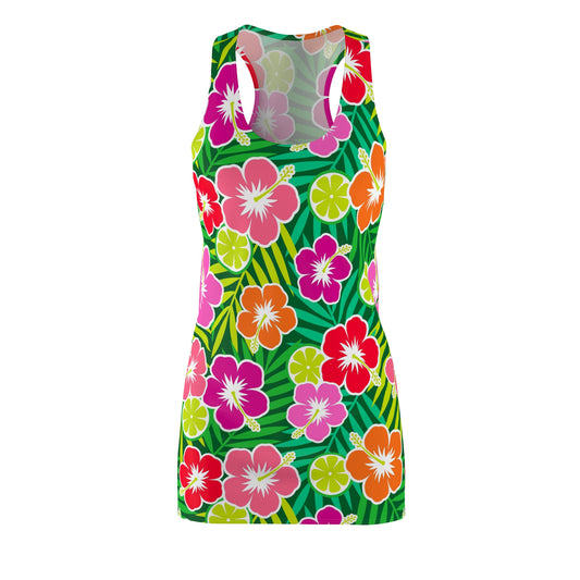 Athletic Dress - Colorful Hibiscus Flowers, Limes, Palm Leaves Pattern, Women's Summer Racerback Dress, Tropical Floral Sleeveless Dress,