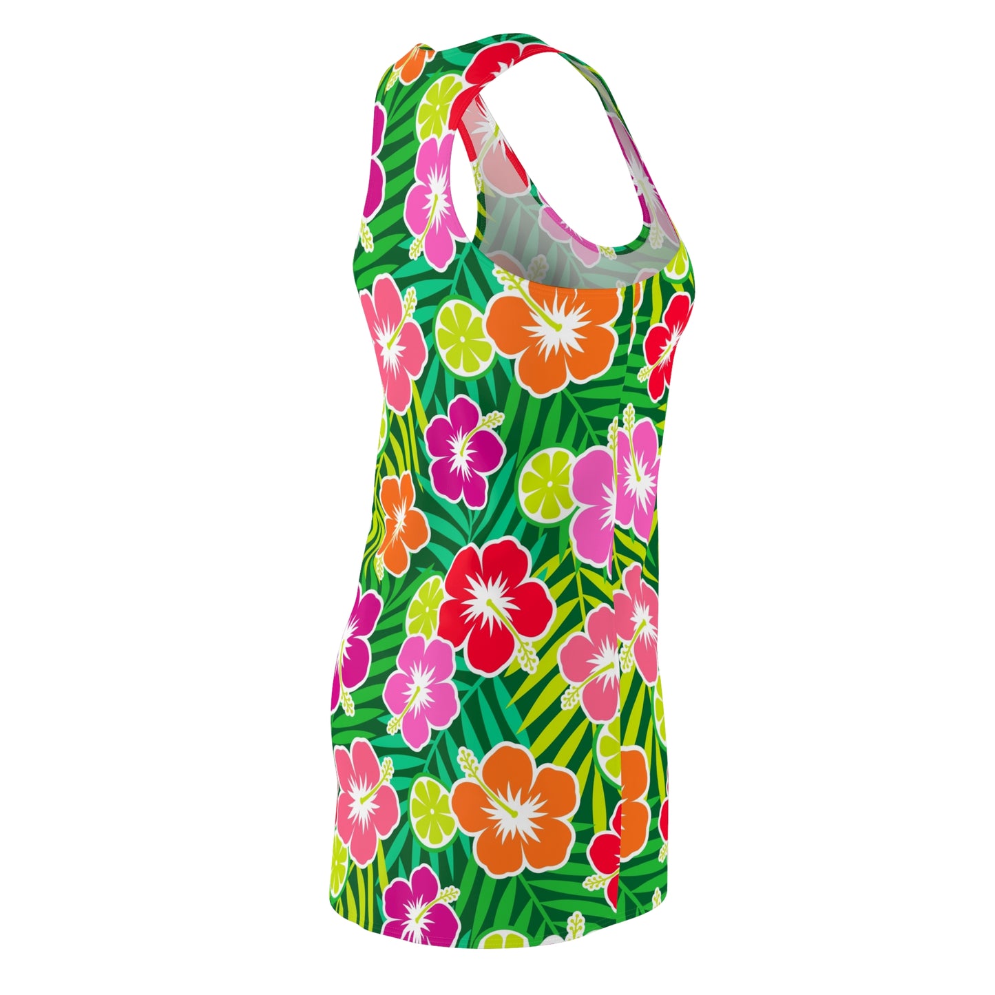 Athletic Dress - Colorful Hibiscus Flowers, Limes, Palm Leaves Pattern, Women's Summer Racerback Dress, Tropical Floral Sleeveless Dress,