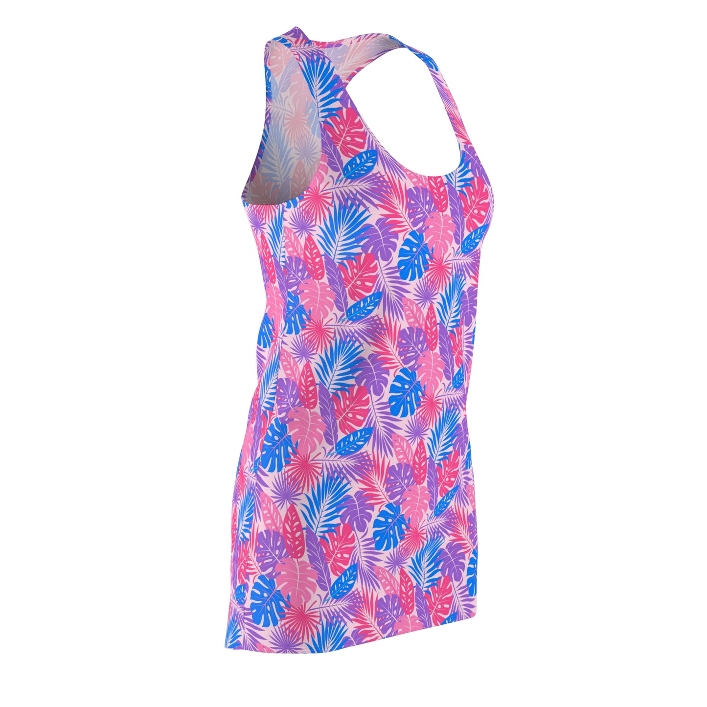 Women's Cut & Sew Racerback Dress - Hot Pink & Light Blue Tropical Leaf Design