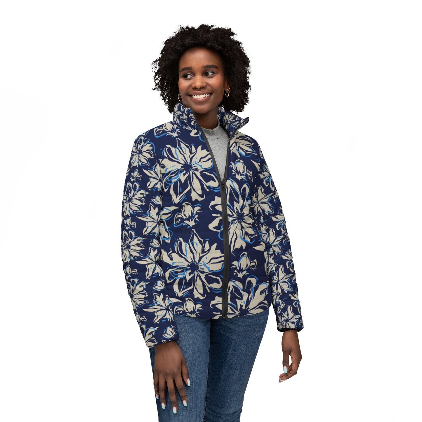 Blue Orchid Women's Puffer Jacket, Floral Winter Coat, Lightweight Warm Outerwear, Stylish Quilted Parka, Fashionable Snow Jacket