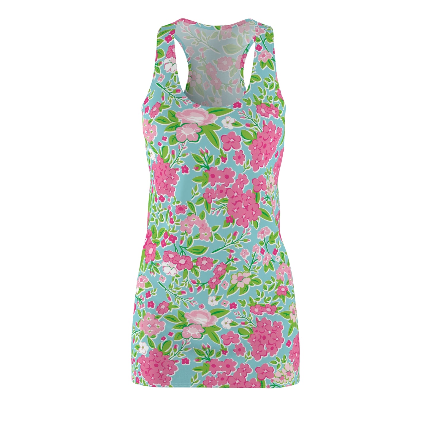 Athletic Floral Dress, Pink Flowers Green Leaves Blue Women's Racerback Dress, Summer Beach Wear, Fitness Apparel, Spring Florals Outfit,