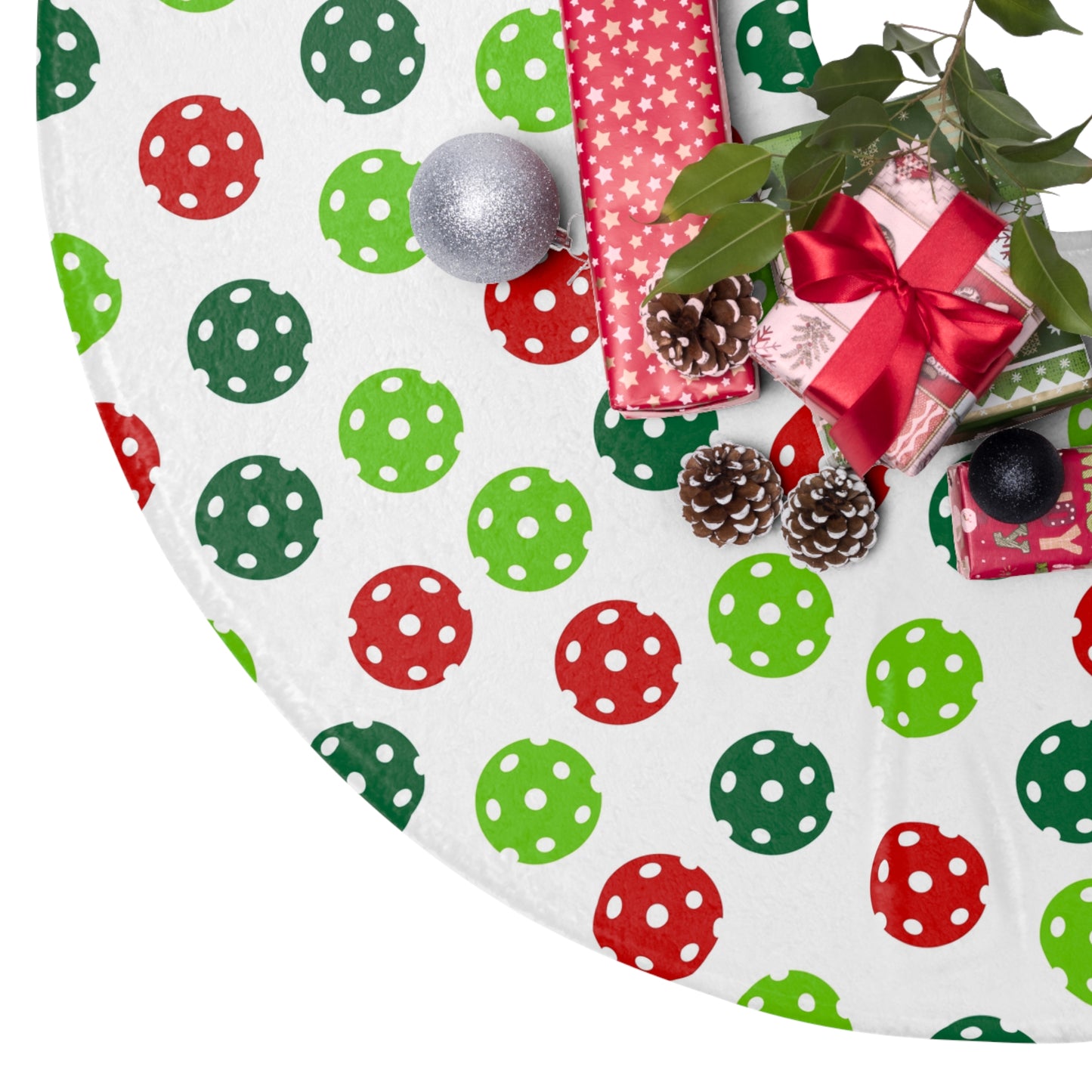 Christmas Tree Skirt - Red And Green Pickleballs Design