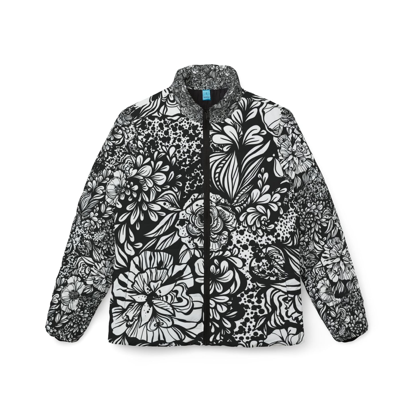 Black And White Floral Print Women's Puffer Jacket, Fall Fashion, Winter Coat, Stylish Outerwear, Gift for Her, Holiday Season