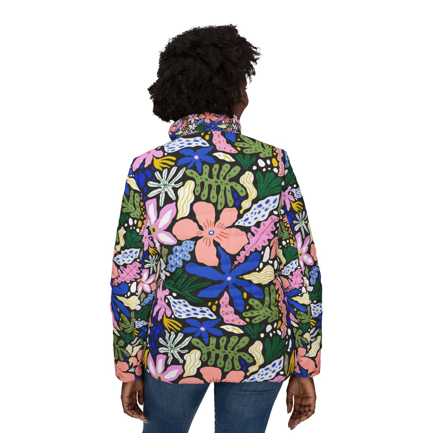 Colorful Floral Women's Puffer Jacket, Abstract Design Puffy Coat, Fashionable Winter Outerwear, Stylish Lightweight Jacket, Trendy Floral