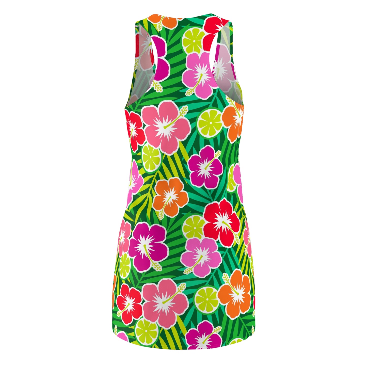 Athletic Dress - Colorful Hibiscus Flowers, Limes, Palm Leaves Pattern, Women's Summer Racerback Dress, Tropical Floral Sleeveless Dress,