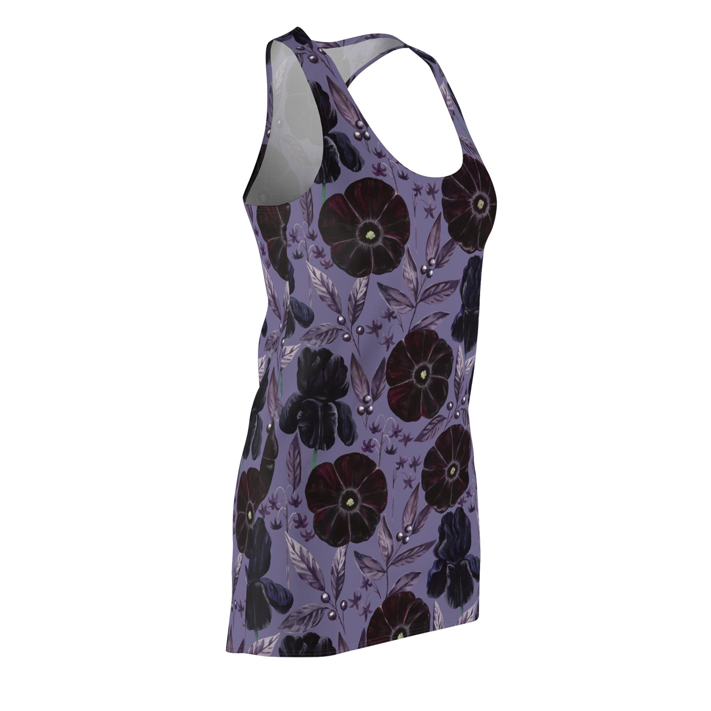 Women's Cut & Sew Racerback Dress - Black Flowers - Purple Background