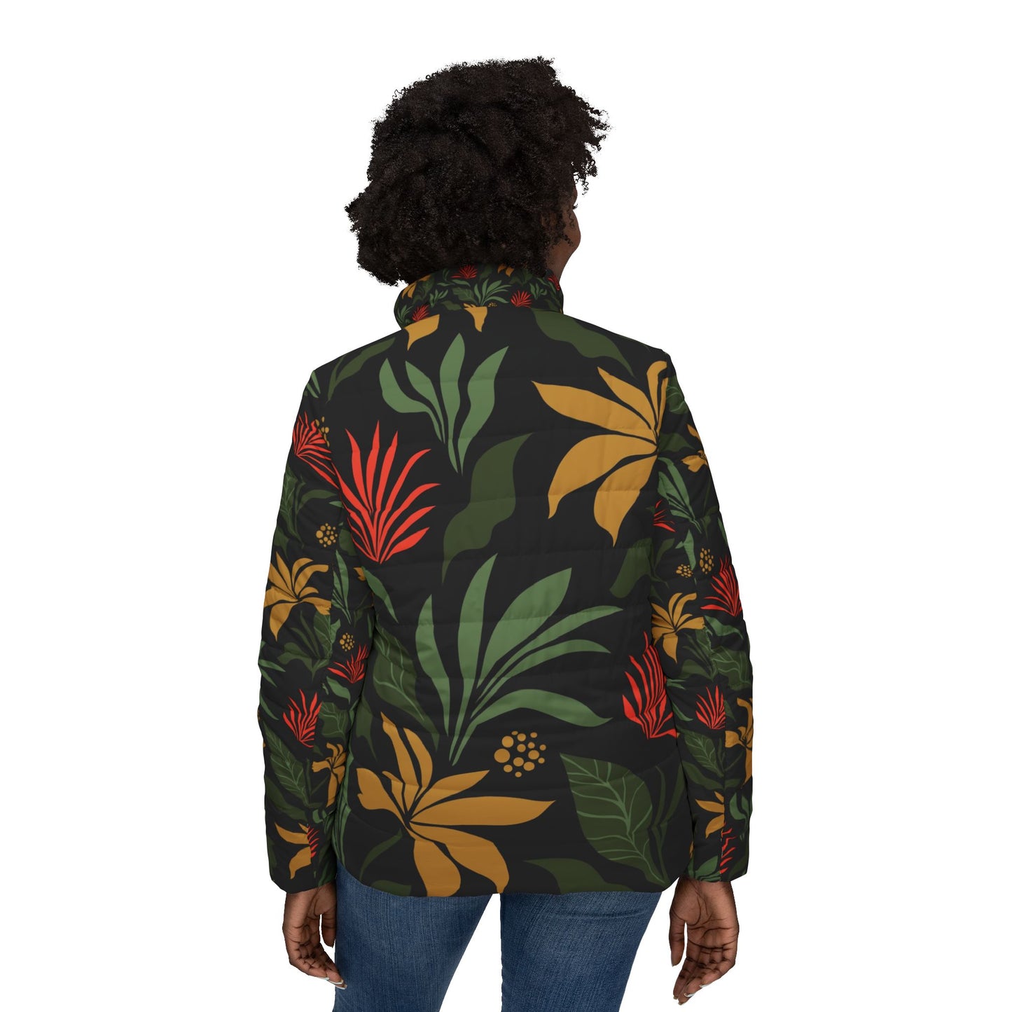 Black Tropical Puffer Jacket for Women - Elegant Design