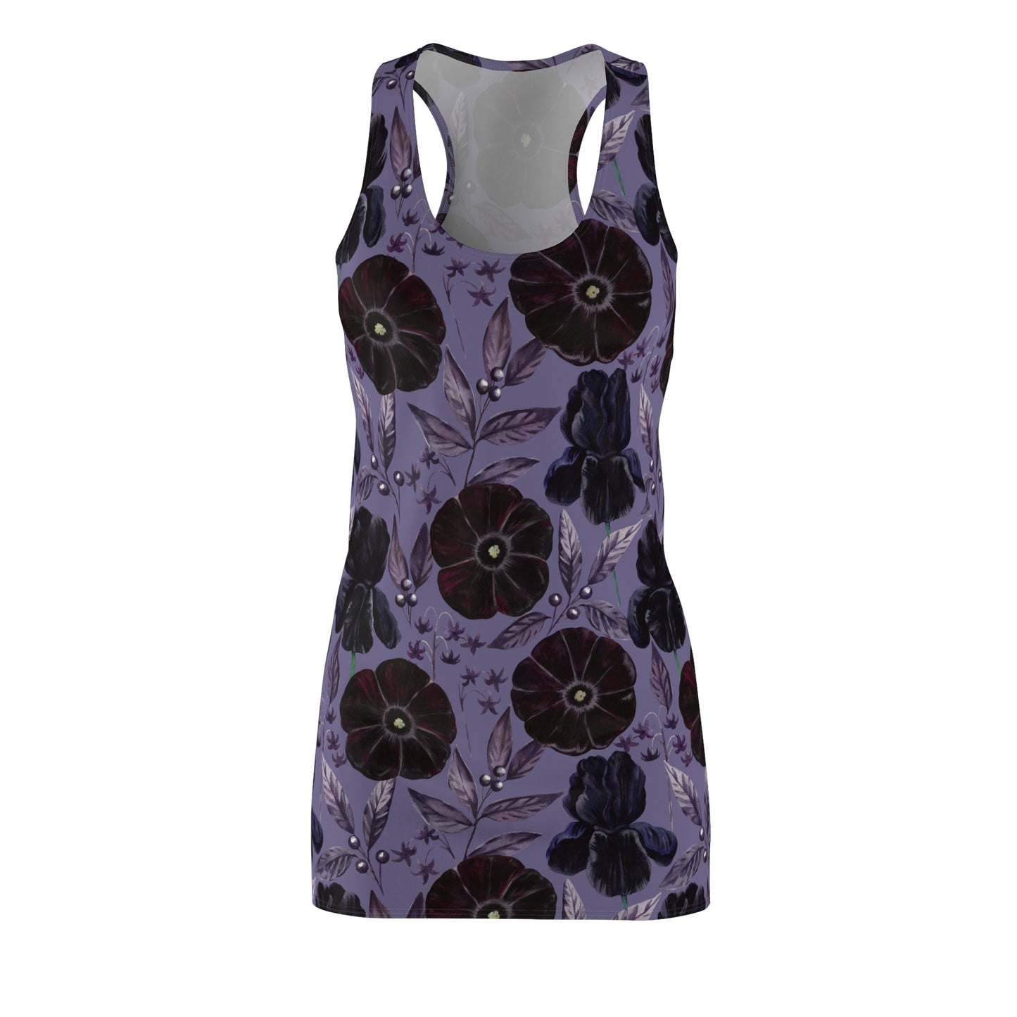 Women's Cut & Sew Racerback Dress - Black Flowers - Purple Background