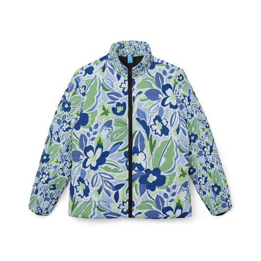 Athletic Puffer Jacket, Blue Green Floral Print, Women Winter Coat, Outdoor Sportswear, Floral Puffer Coat, Warm Jacket