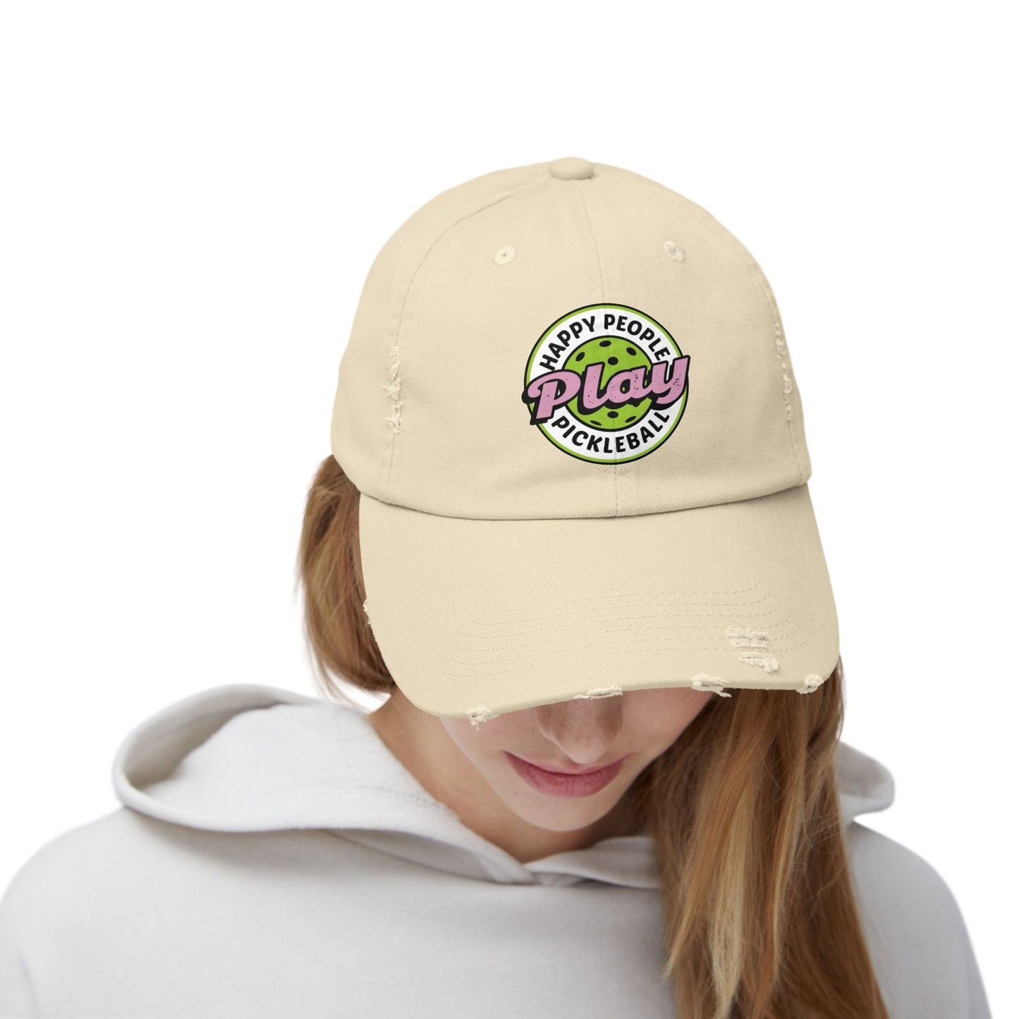 Unisex Distressed Cap -Happy People Play Pickleball