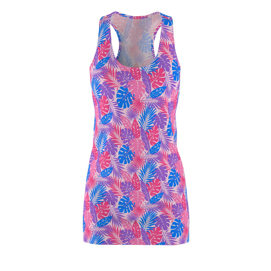 Women's Cut & Sew Racerback Dress - Hot Pink & Light Blue Tropical Leaf Design