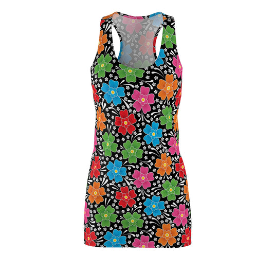 Women's Cut & Sew Racerback Dress- Floral Multicolored -Black Polka Dot